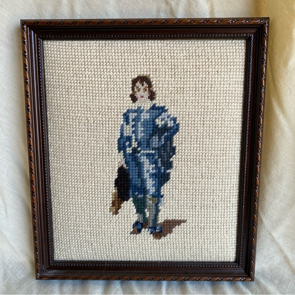 Pinkie And Blue Boy Framed Needlepoint Portraits Embroidery Crewel Vintage - Picture 2 of 9
